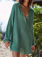 Ribbed knit long sleeve green romper with collar and buttons