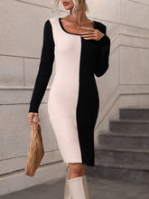 Ribbed Knit Long Sleeve Sweater Dress Color Block Orange Womens Casual