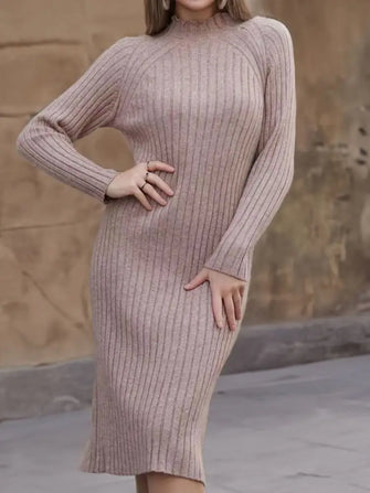Ribbed Knit Midi Dress with Moderate Stretch and Sleeve Length Options Tan Woman Sweater Dresses