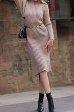 Ribbed Knit Midi Dress with Moderate Stretch and Sleeve Length Options Woman Sweater Dresses