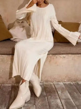 Ribbed knit slit sweater dress with bell sleeves, high slit, white ankle boots