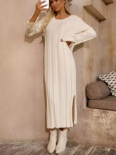 Ribbed knit slit sweater dress: off-white pleated maxi with long sleeves, side slit