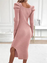 Ribbed knit square neck bodycon sweater dress in soft pink with puffed sleeves and side slit