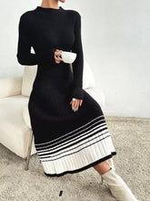Black ribbed knit midi sweater dress with white striped hem