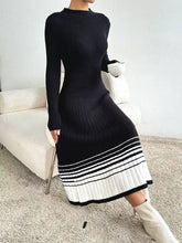 Black ribbed knit midi sweater dress with white pleated striped hem