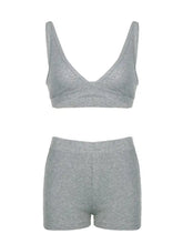Gray ribbed knit two-piece set with v-neck bra top, high-waisted shorts, hoodie, product measurements