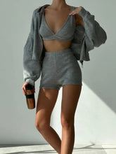 Gray ribbed knit two-piece set back view with product measurements