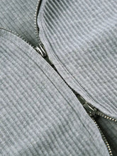 Gray ribbed knit zip-up hoodie jacket with metallic zipper pulls