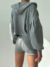 Gray ribbed knit hoodie with puffy sleeves and matching shorts set