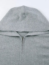Gray ribbed hooded zip-up top back view with product measurements