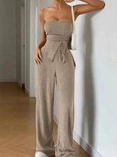 Beige ribbed knit strapless jumpsuit with tied waist in Ribbed Knit Tube Top and Wide Leg Pants Set
