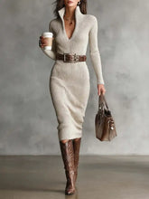 Cream ribbed knit turtleneck bodycon midi dress with high collar V-neck