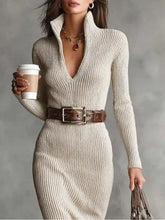 Ribbed off-white knit turtleneck bodycon sweater dress, high collar, long sleeves