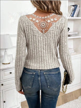 Ribbed Knit V Neck Lace Back Long Sleeve Top Dust Storm