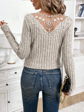 Ribbed Knit V Neck Lace Back Long Sleeve Top