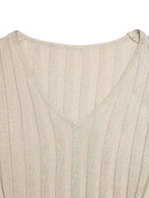 Beige ribbed knit v-neck sweater on Ribbed Knit V-Neck Long Sleeve Maxi Dress