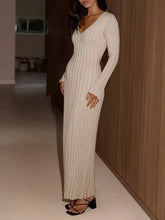 Ribbed knit V-neck long sleeve maxi dress in cream, front view