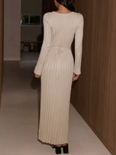 Ribbed knit V-neck long sleeve maxi dress, cream, fitted waist, flared skirt