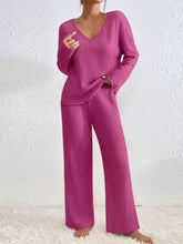 Vibrant magenta ribbed knit V-neck top and pants loungewear set