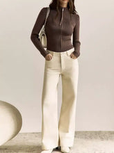 Mocha brown ribbed knit zip-up cardigan, long sleeves, high neckline, machine wash cold