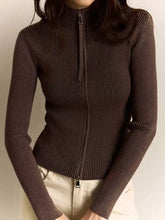 Ribbed knit mocha brown zip-up cardigan, machine wash cold