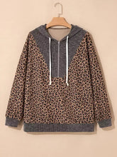 Ribbed leopard print contrast collar zip hoodie with a cozy gray front panel, ribbed cuffs, and slightly stretchy fabric