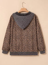 Ribbed leopard print contrast collar zip hoodie in beige and black with gray ribbed hood cuffs hem slightly stretchy machine wash cold
