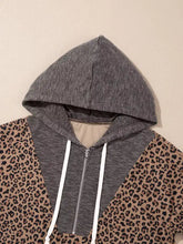 Ribbed leopard print contrast collar zip hoodie in gray and tan with ribbed texture, white drawstrings, and slightly stretchy fabric