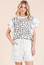 Ribbed Leopard Print Flutter Sleeve Top for Women WHITE COMBO