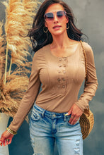 Ribbed Long Sleeve Button Down Bodysuit with Distressed Jeans Tan