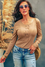Ribbed Long Sleeve Button Down Bodysuit with Distressed Jeans Tan Woman Bodysuits