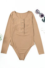 Ribbed Long Sleeve Button Down Bodysuit with Distressed Jeans Woman Bodysuits