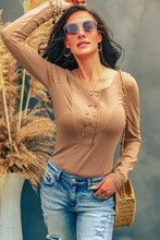 Ribbed Long Sleeve Button Down Bodysuit with Distressed Jeans Woman Bodysuits