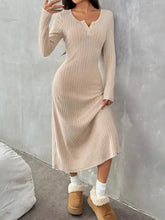 Ribbed long sleeve knit dress in beige with buttoned v-neckline