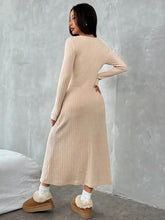 Beige ribbed knit long-sleeve midi dress back view