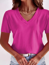 Ribbed Pink Short Sleeve V Neck Top for Women Solid Size