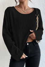 Ribbed Round Neck Drop Shoulder Long Sleeve Top Woman Blouses