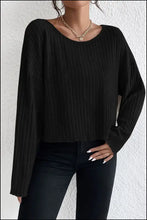 Ribbed Round Neck Drop Shoulder Long Sleeve Top Woman Blouses