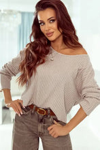 Ribbed Round Neck Drop Shoulder Long Sleeve Top Woman Blouses