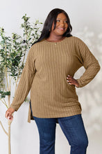 Ribbed Round Neck Long Tunic Top for Women Khaki