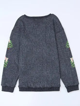 Dark gray ribbed knit baggy sweatshirt with sequin christmas tree embroidered on sleeves, machine wash friendly