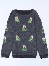 Dark gray knit ribbed round neck sweatshirt with sequin christmas tree patches and green trees with pink bows machine wash safe