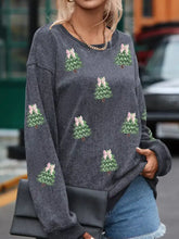 Dark gray corduroy ribbed round neck baggy sweatshirt with embroidered sequin christmas tree patches and pink bows, machine wash safe