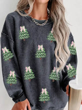 Dark gray corduroy ribbed round neck sweatshirt with sequin christmas tree patches and green christmas tree pattern, machine wash safe