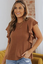 Ribbed Ruffle Trim Round Neck Top Brown Woman T Shirts