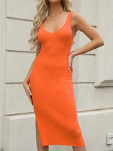 Vibrant orange ribbed slit sleeveless knit midi dress with v-neck and side slit