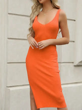 Vibrant orange ribbed slit sleeveless knit midi dress with v-neck and side slit