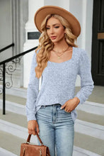 Ribbed Square Neck Long Sleeve T-Shirt Light Blue Woman T Shirts