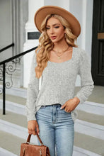 Ribbed Square Neck Long Sleeve T-Shirt Light Gray Woman T Shirts
