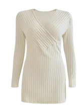 Off-white ribbed surplice long sleeve sweater dress, slightly stretchy
